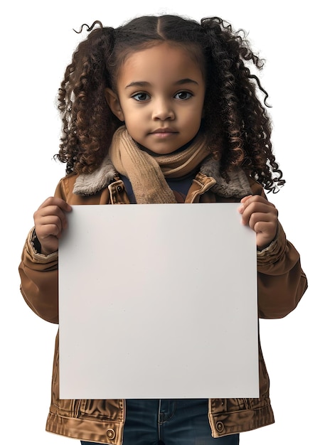 Young girl holding a blank sign for advertising friendly child with space for text indoor setting AI