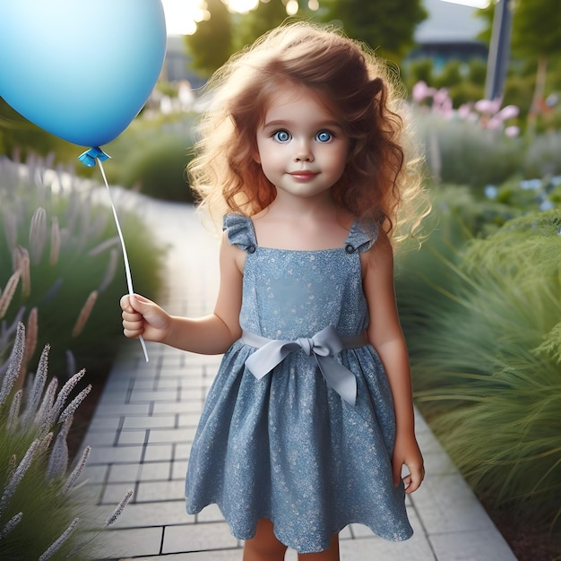 Young Girl Holding a Blue Balloon Standing on a Pathway Surrounded by Greenery at Dusk