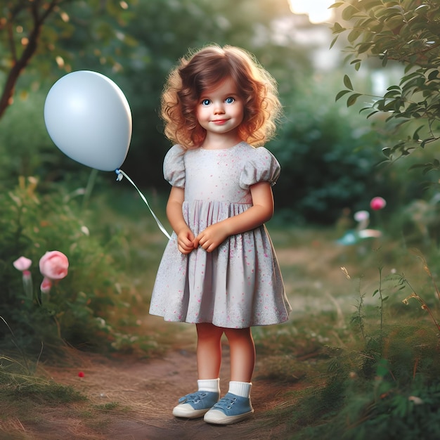 Young Girl Holding a Blue Balloon Standing on a Pathway Surrounded by Greenery at Dusk