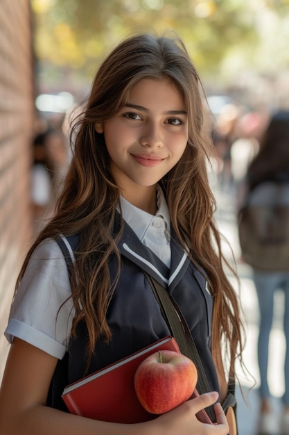 Young Girl Holding a Book and Apple