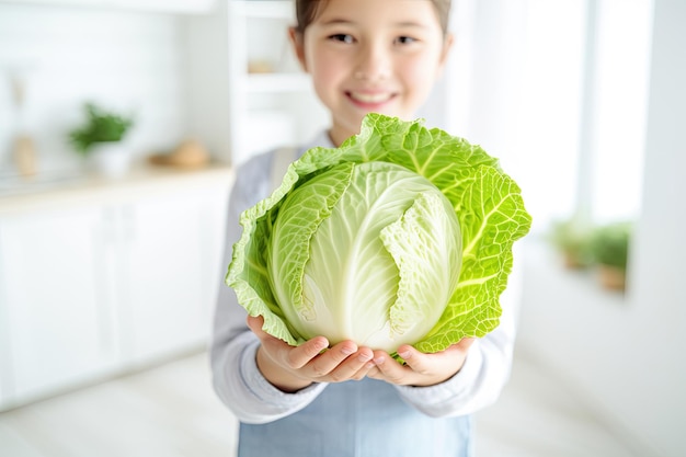 Young girl holding cabbage on the kitchen