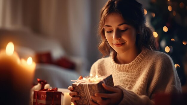 Young girl holding gift box on New Year's Eve inside the house