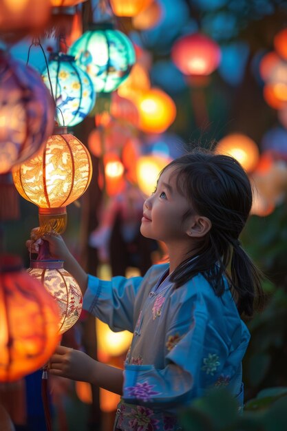 A young girl holding a lantern in a temple during a festival