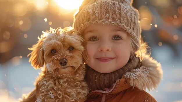 A young girl holding onto a small dog while standing in a snowy landscape