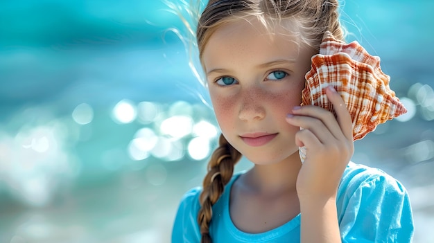 Photo young girl holding a seashell to her ear on a sunny beach day capturing childhood curiosity with the ocean perfect for familyfocused content ai