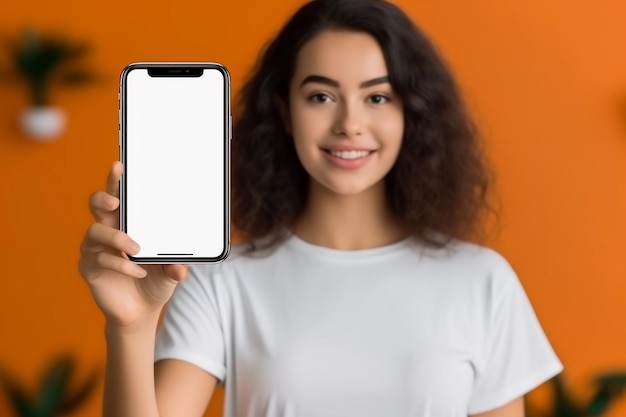 Young girl holding and showing blank smartphone screen