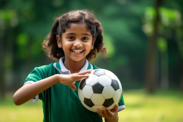 a young girl holding a soccer ball in a park