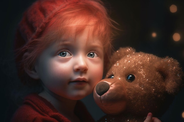 A young girl holding a teddy bear with a red hat.