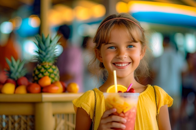 young girl holding up fruit smoothie tropical background