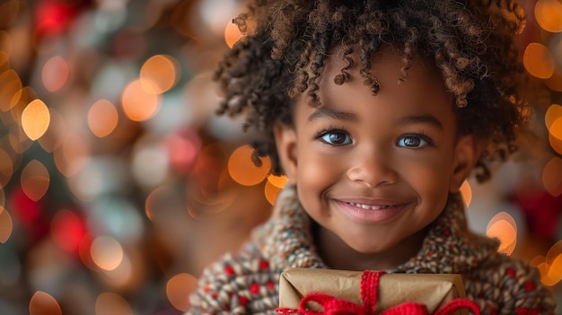 Young Girl Holding Wrapped Present in Front of Christmas Tree