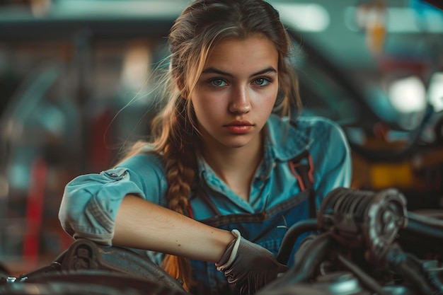 Photo young girl holding wrench in garage