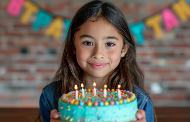 a young girl holds a birthday cake and posing