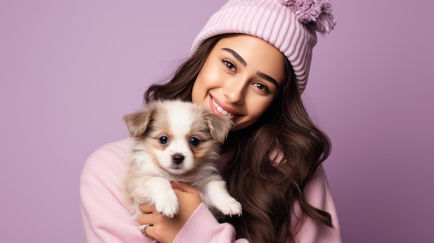 Young girl holds a dog puppy in her arms