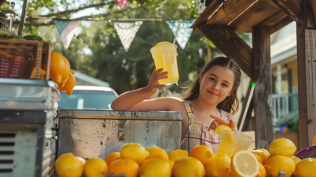 Photo a young girl holds up a cup of lemonade and smiles at the camera she is standing in front of a lemonade stand