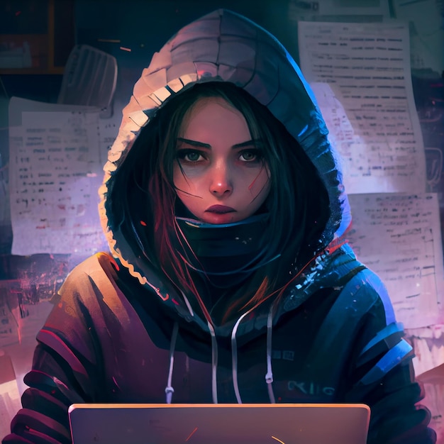 A young girl in a hood sits in front of a laptop Generative AI