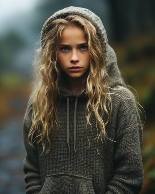 a young girl in a hoodie standing in the woods