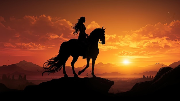 Young girl on horseback gazes into sunrise silhouette concept