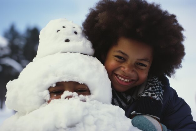 a young girl hugging a snowman in the snow