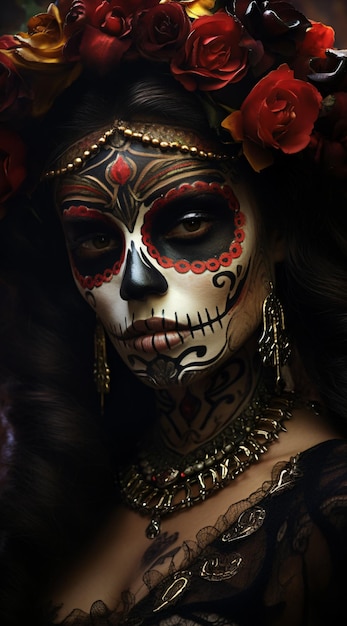 Young girl in the image of santa muerte saint death or sugar skull