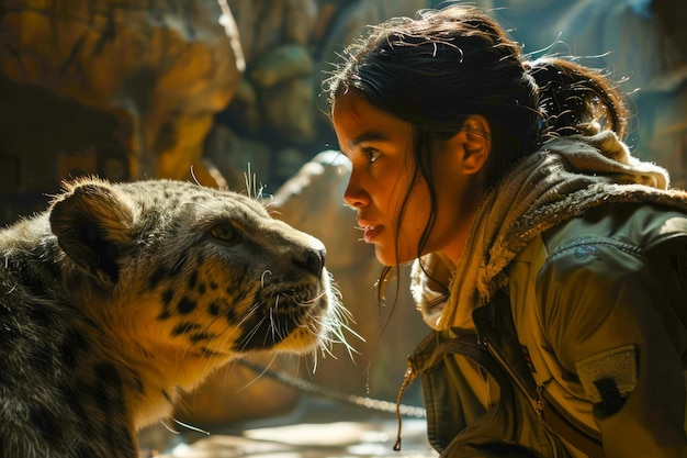 Photo young girl in intimate face to face encounter with a snow leopard in a dramatic sunlit cave setting