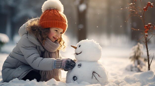 Young girl is building a snowman