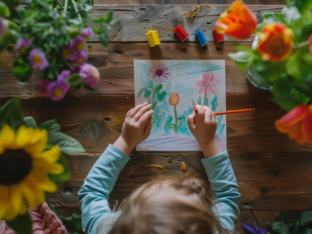 A young girl is drawing a picture of flowers on a piece of paper