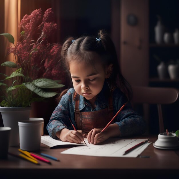 A young girl is drawing on a piece of paper with a yellow pencil