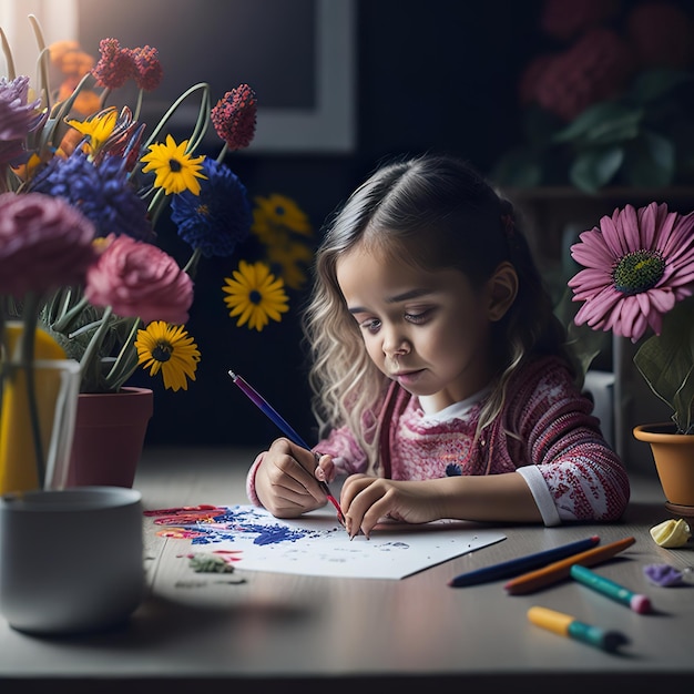 A young girl is drawing on a piece of paper with a yellow pencil