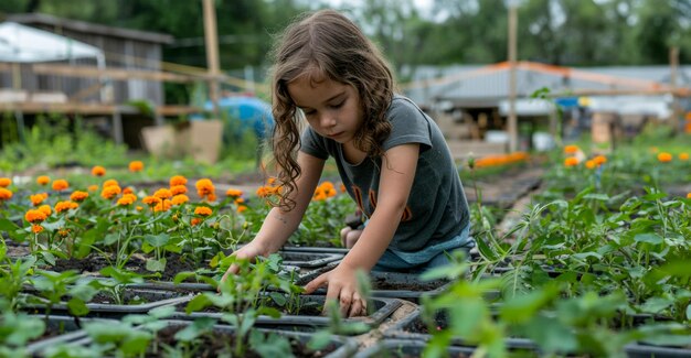 Foto una ragazzina è in un giardino a scavare nella terra