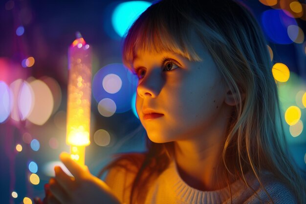 A young girl is holding a glowing stick in her hand