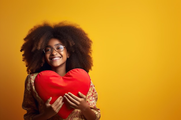 A young girl is holding a heart shaped pillow over yellow a photo