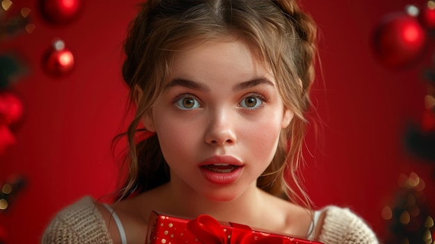 A young girl is holding a red present in her hands