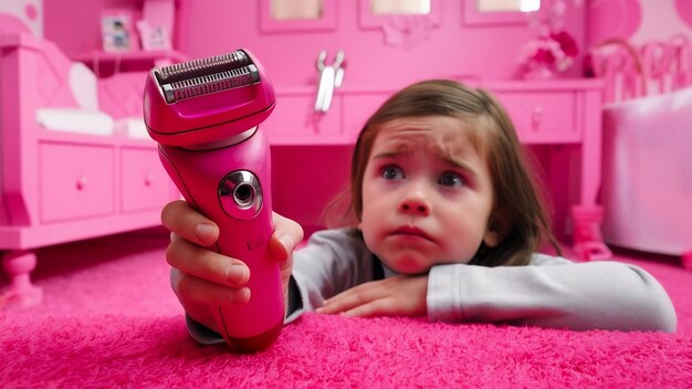 Photo young girl is holding shaver and feeling bored in the rest roon on pink wall