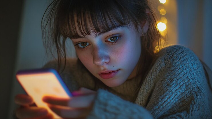 Photo a young girl is looking at her phone and she is looking at her phone