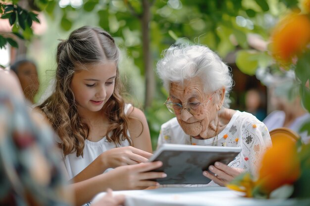 A young girl is looking at a tablet with an older woman