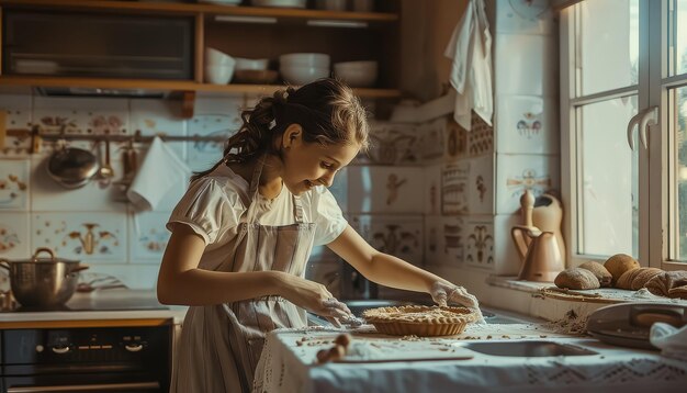 A young girl is making a pie in a kitchen