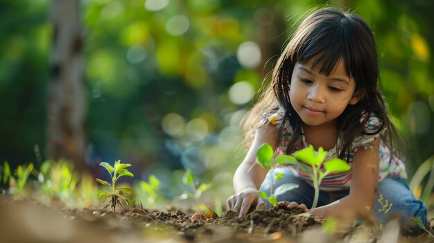 若い女の子が土に種を植えています