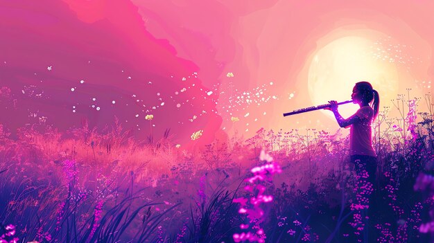 Photo a young girl is playing the flute in a field of flowers the sun is setting in the background the sky is a deep pink color