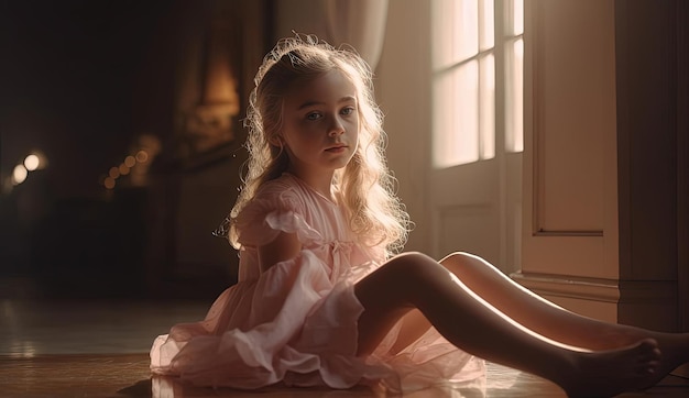 a young girl is posing in a pink ballet shoe in the style of soft atmospheric light