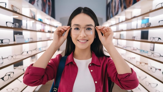 사진 젊은 소녀는 대학 공부를 위해 준비하고 있으며 전문적으로 완벽한 외모를 위해 새로운 안경을 시도합니다.