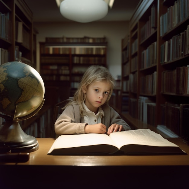 A young girl is reading a book in a library with a globe on the table.