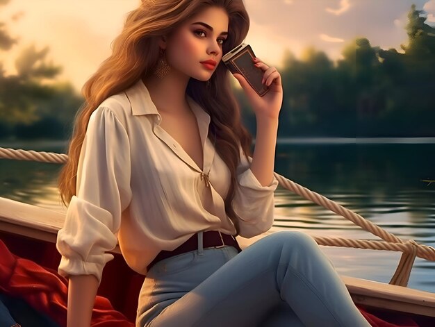 Photo a young girl is sitting on the boat with shirt pant and mobile phone