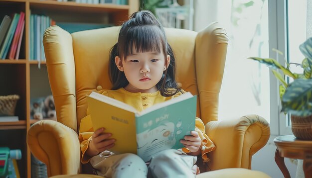 A young girl is sitting in a chair reading a book
