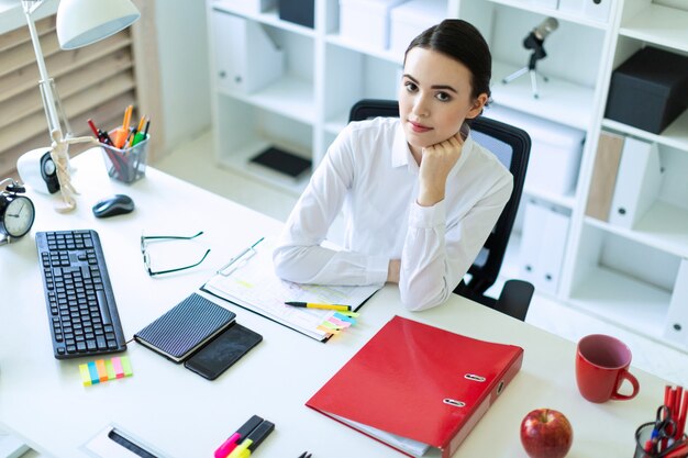 A young girl is sitting at the computer desk in the office.