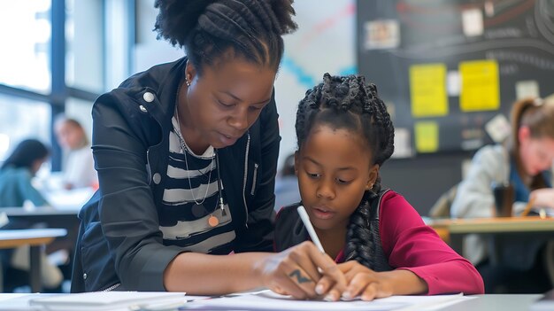 Photo a young girl is sitting at a desk in a classroom she is working on a project with her teacher