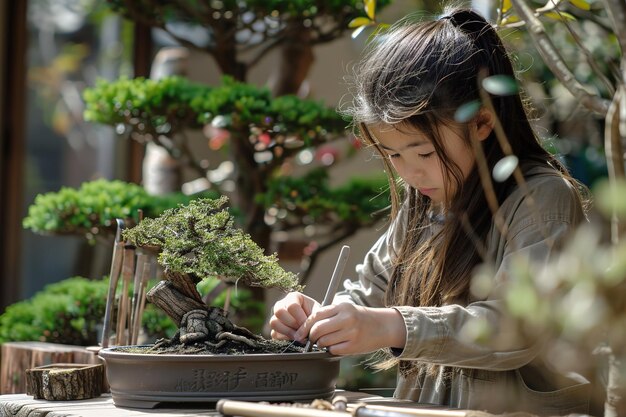 A young girl is sitting in front of a bonsai tree painting it