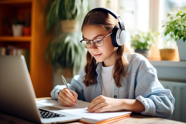 Photo a young girl is sitting at a table with a laptop and headphones