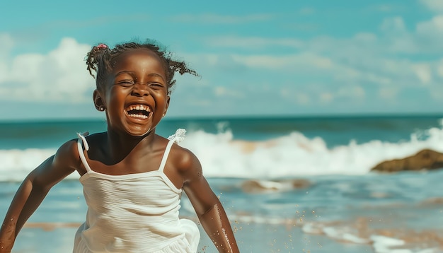 A young girl is smiling and laughing while playing in the ocean