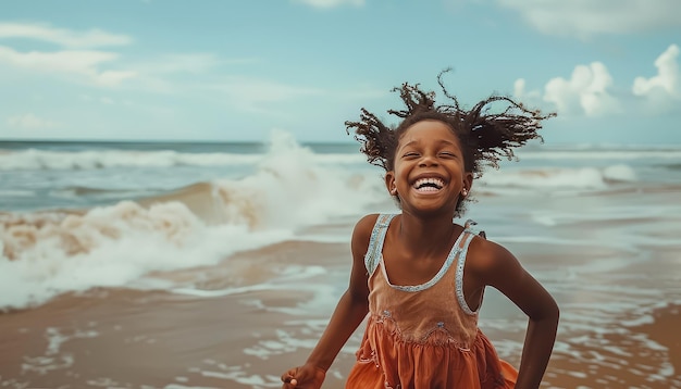 어린 소녀 가 바다 에서 놀면서 미소 짓고 웃고 있다