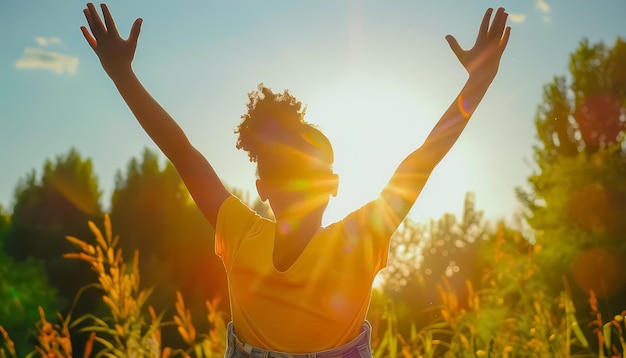 A young girl is standing in a forest with her arms raised in the air